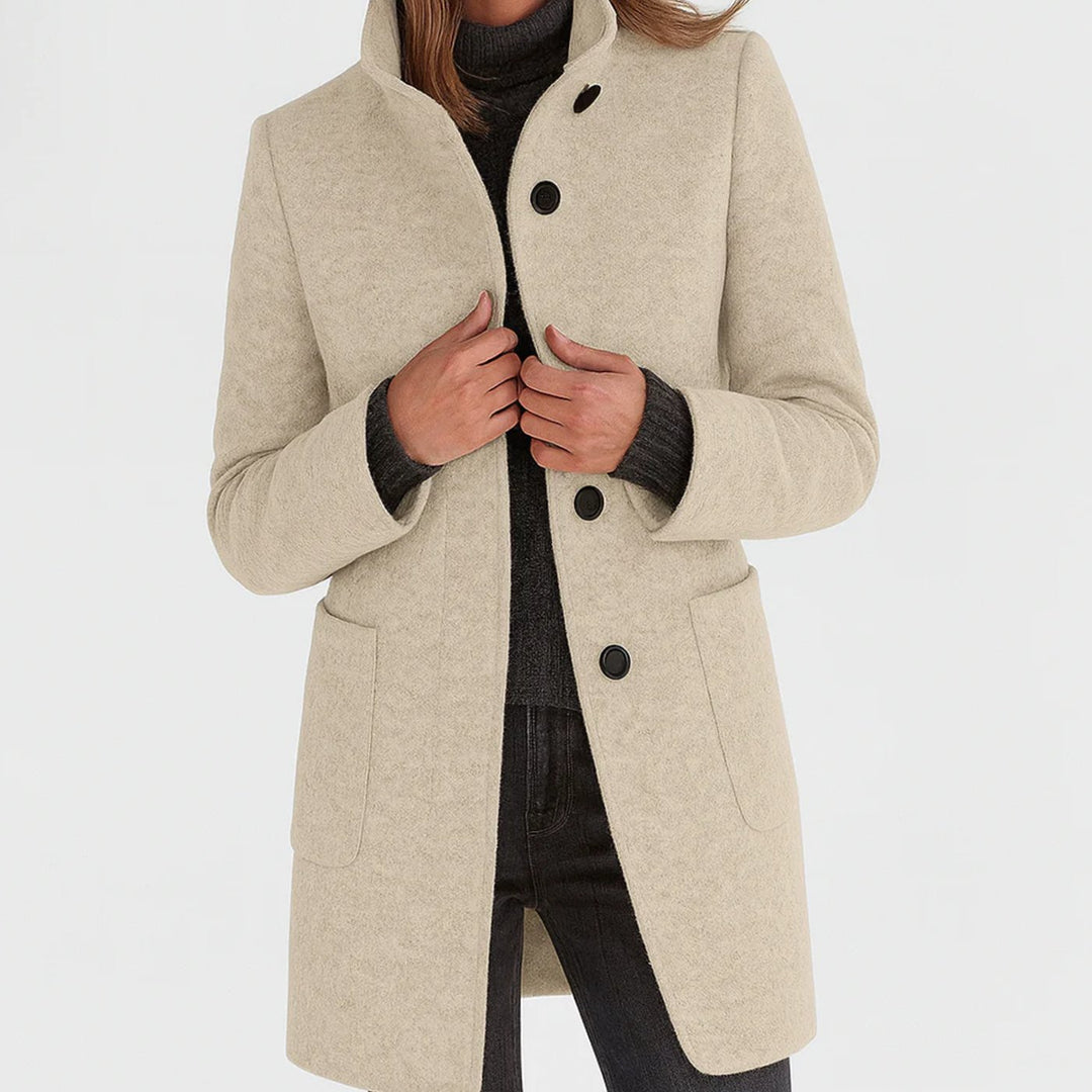 Women's Classic Beige Button-Front Stand-Collar Coat - Beige