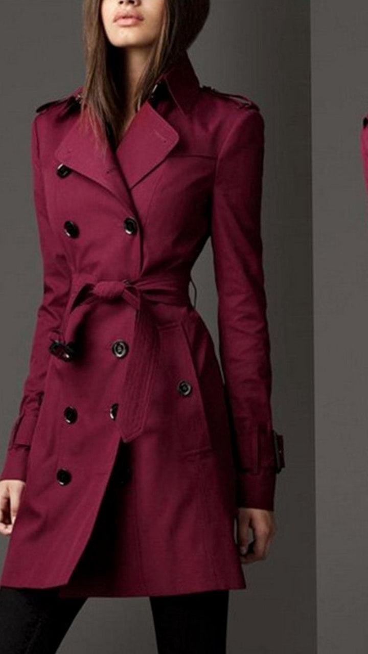 Women's Classic Double-Breasted Belted Trench Coat - Burgundy