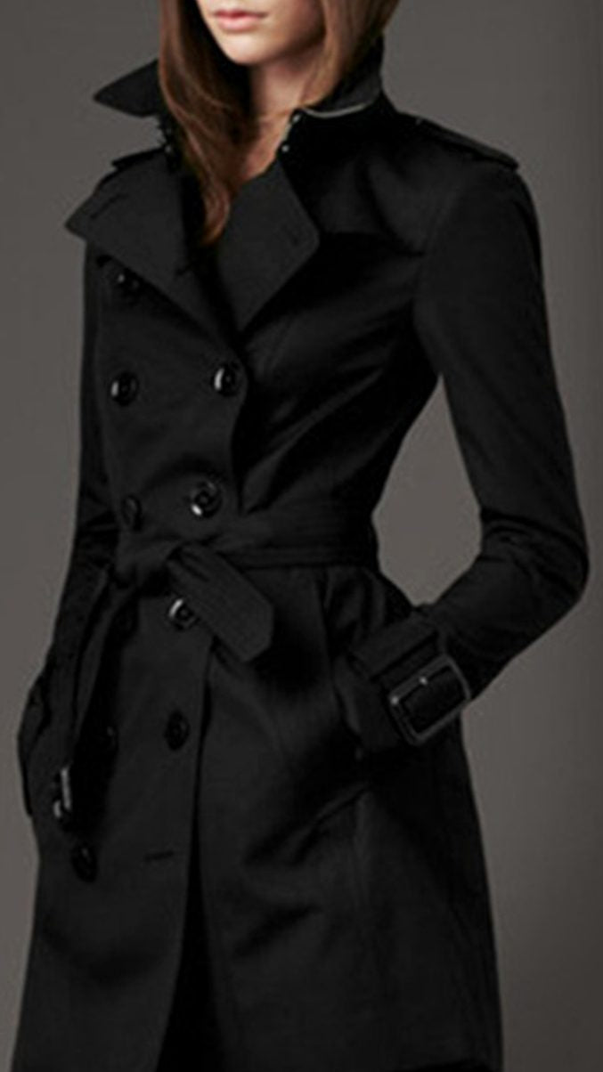 Women's Classic Double-Breasted Belted Trench Coat - Black