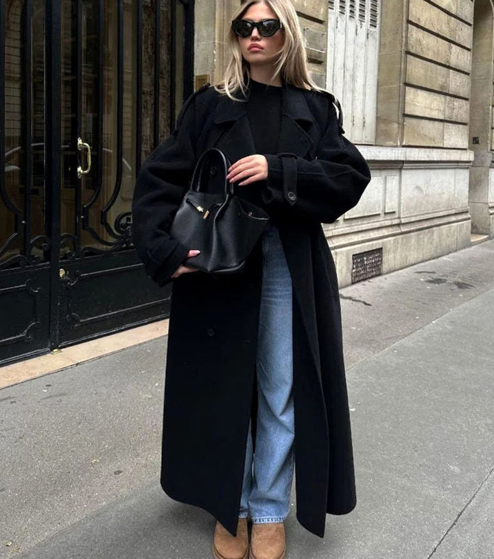 Women's Classic Double-Breasted Long Trench Coat Belted - Black