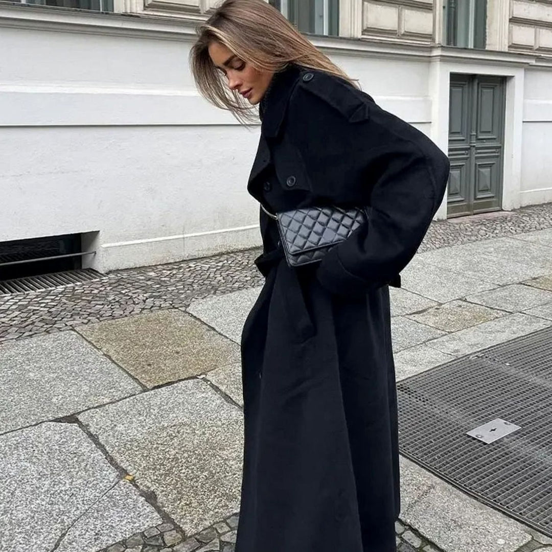 Women's Classic Double-Breasted Long Trench Coat Belted