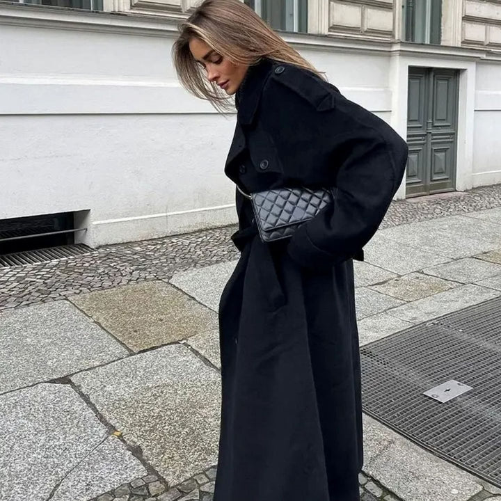 Women's Classic Double-Breasted Long Trench Coat Belted