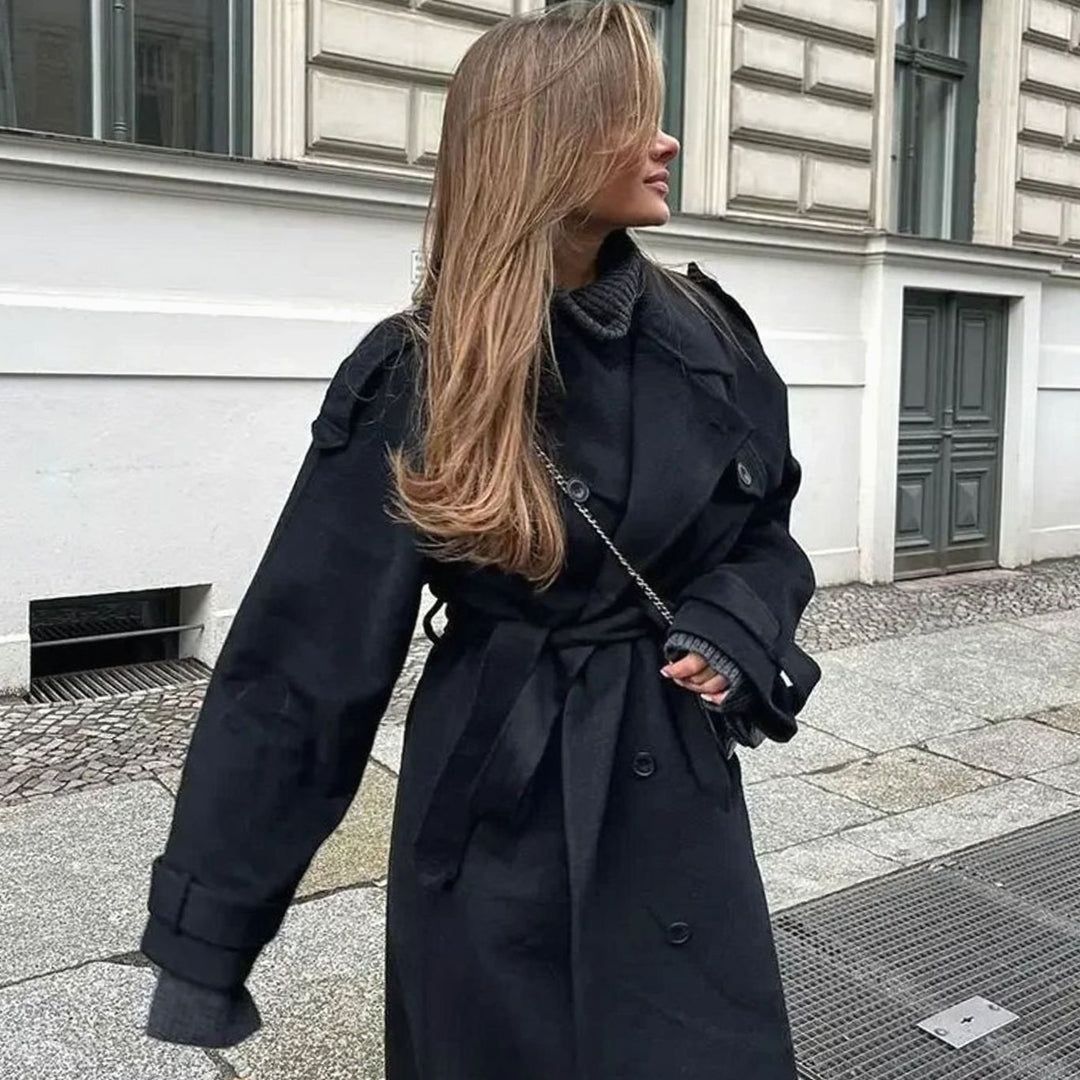 Women's Classic Double-Breasted Long Trench Coat Belted