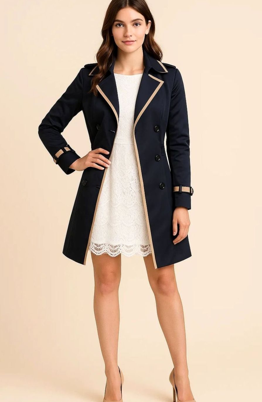 Women's Classic Double Breasted Trench Coat Black-Trim A-Line - Navy Blue