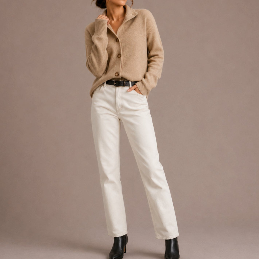 Women's Collared Button-Up Relaxed-Fit Knit Cardigan - Beige