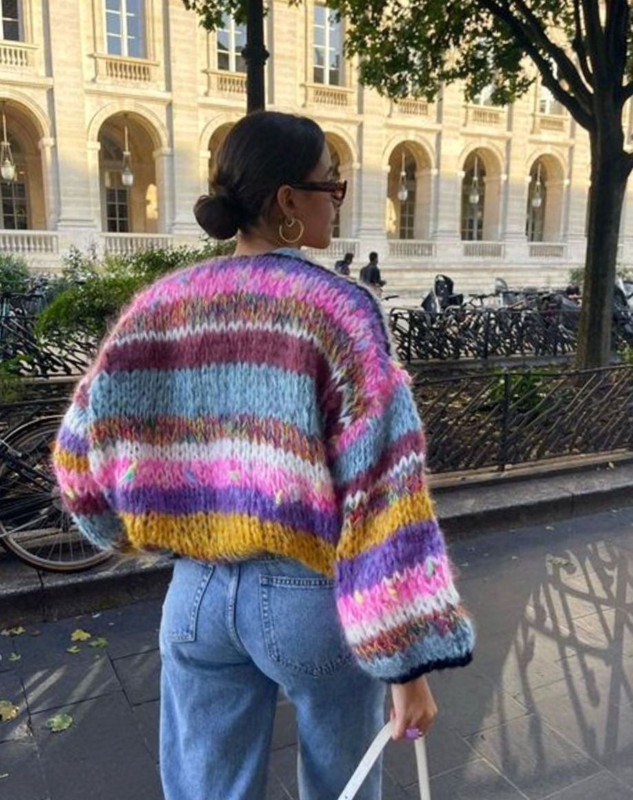 Women's Color Block Cropped Knit Cardigan Sweater - Purple