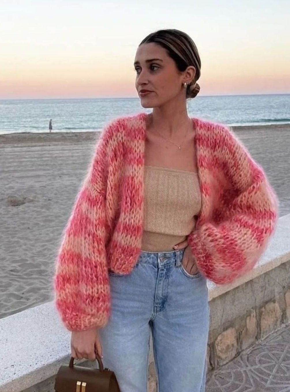 Women's Color Block Cropped Knit Cardigan Sweater - Pink