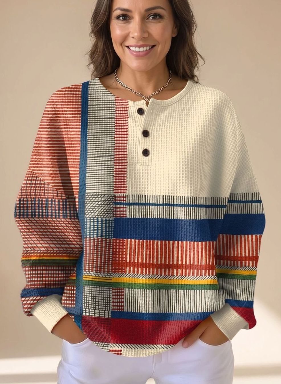 Women's Colorblock Waffle-Knit Long Sleeve Henley Sweater