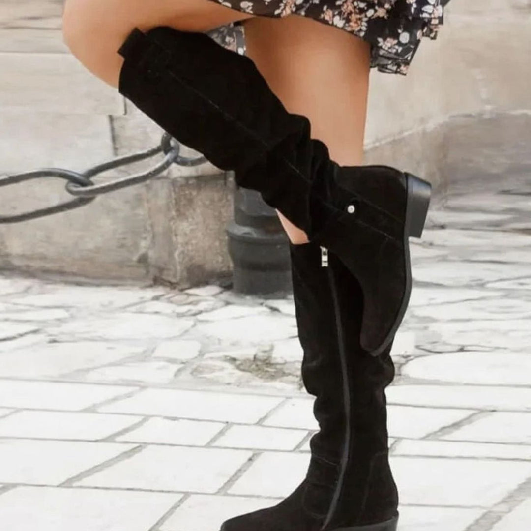 Women's Comfortable Knee High Boots Low Block Heel Suede