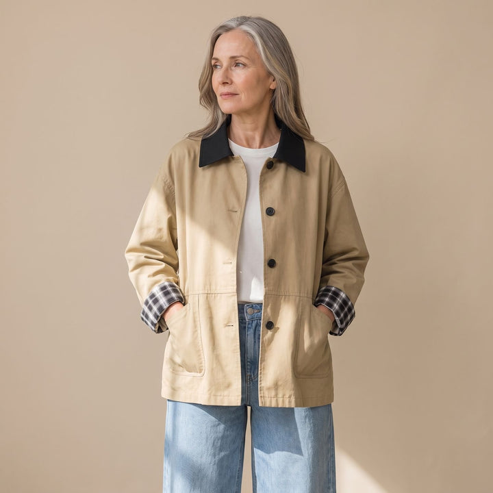 Women's Contrast Collar Plaid-Trim Relaxed Button-Up Jacket