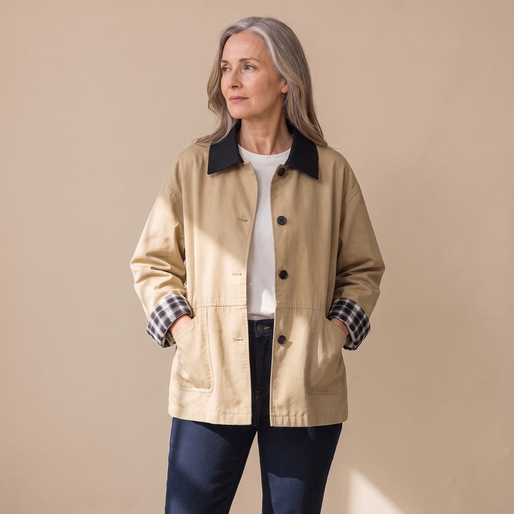 Women's Contrast Collar Plaid-Trim Relaxed Button-Up Jacket