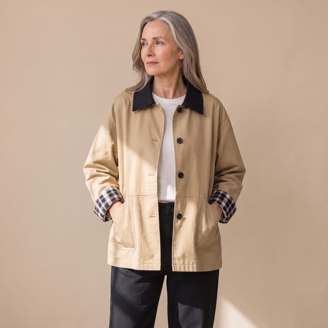 Women's Contrast Collar Plaid-Trim Relaxed Button-Up Jacket