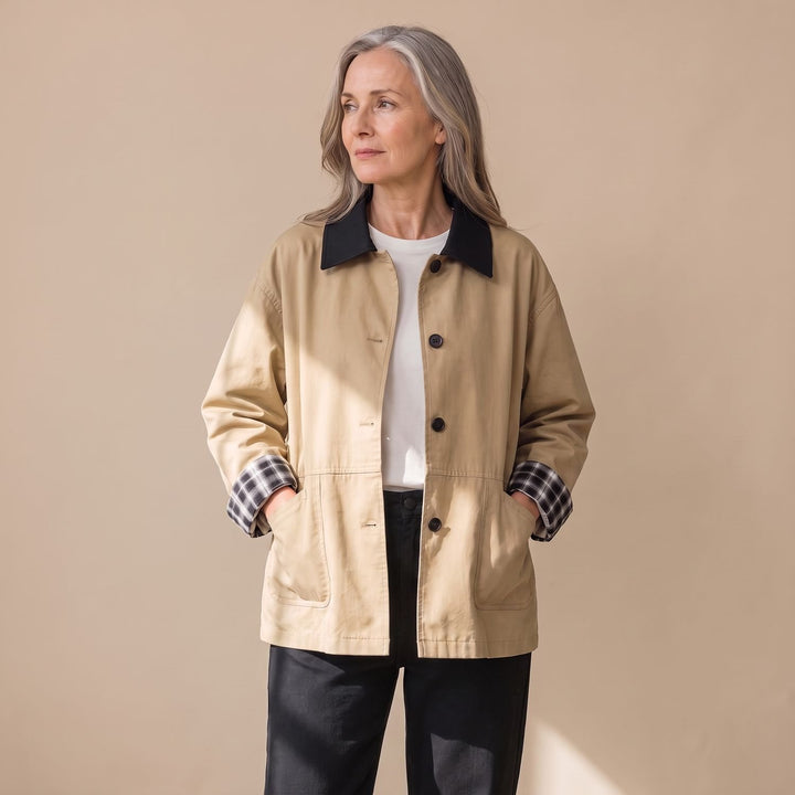 Women's Contrast Collar Plaid-Trim Relaxed Button-Up Jacket