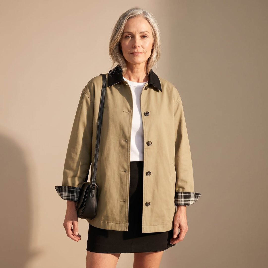 Women's Contrast Collar Plaid-Trim Relaxed Button-Up Jacket - Dark Beige