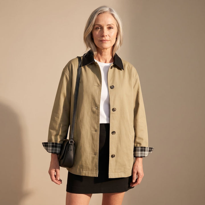 Women's Contrast Collar Plaid-Trim Relaxed Button-Up Jacket - Dark Beige
