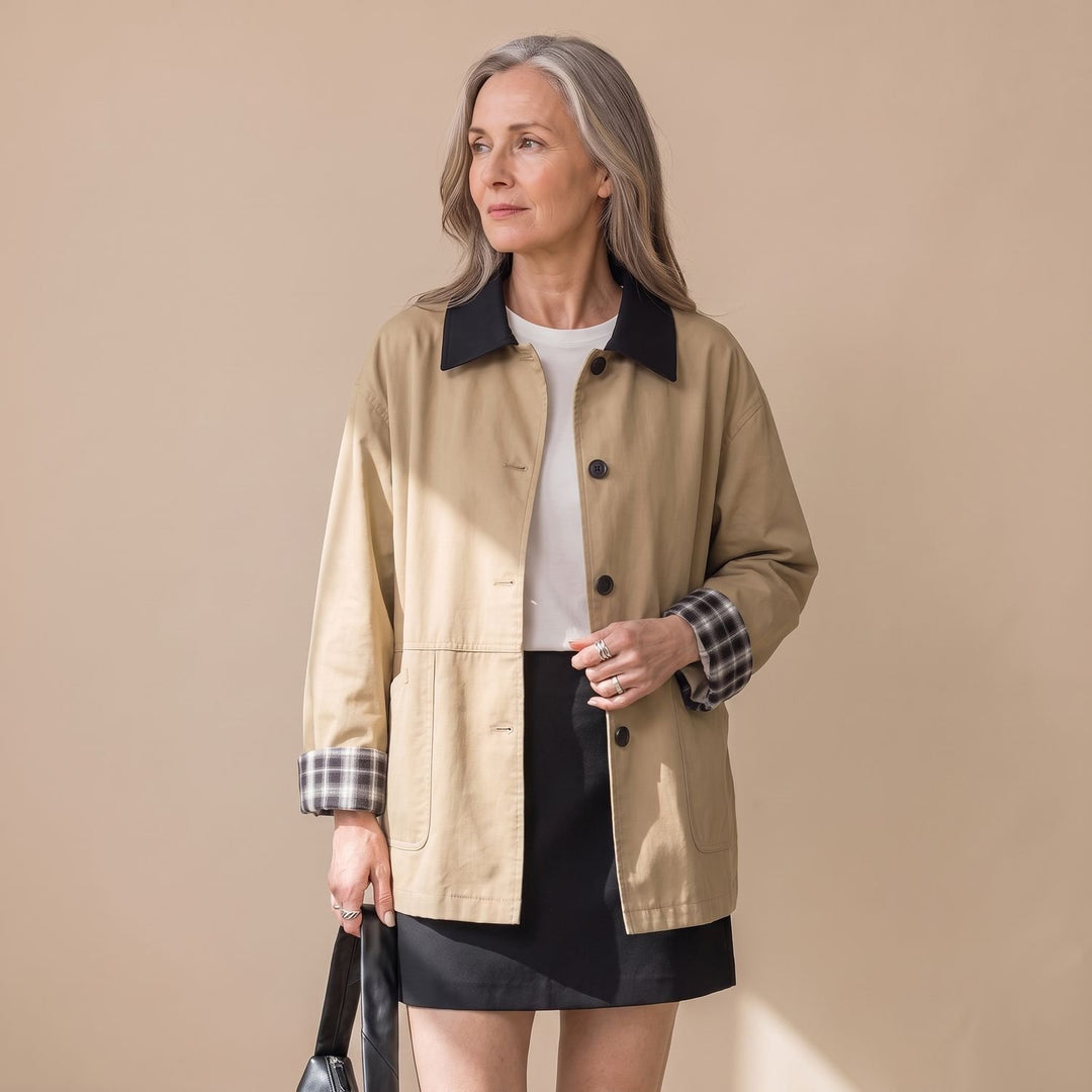 Women's Contrast Collar Plaid-Trim Relaxed Button-Up Jacket