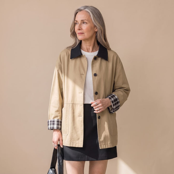 Women's Contrast Collar Plaid-Trim Relaxed Button-Up Jacket