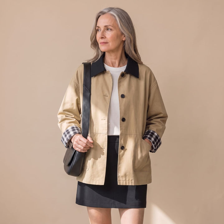 Women's Contrast Collar Plaid-Trim Relaxed Button-Up Jacket