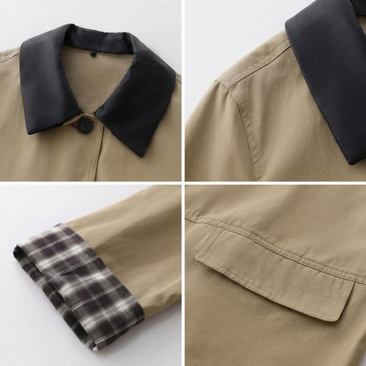 Women's Contrast Collar Plaid-Trim Relaxed Button-Up Jacket