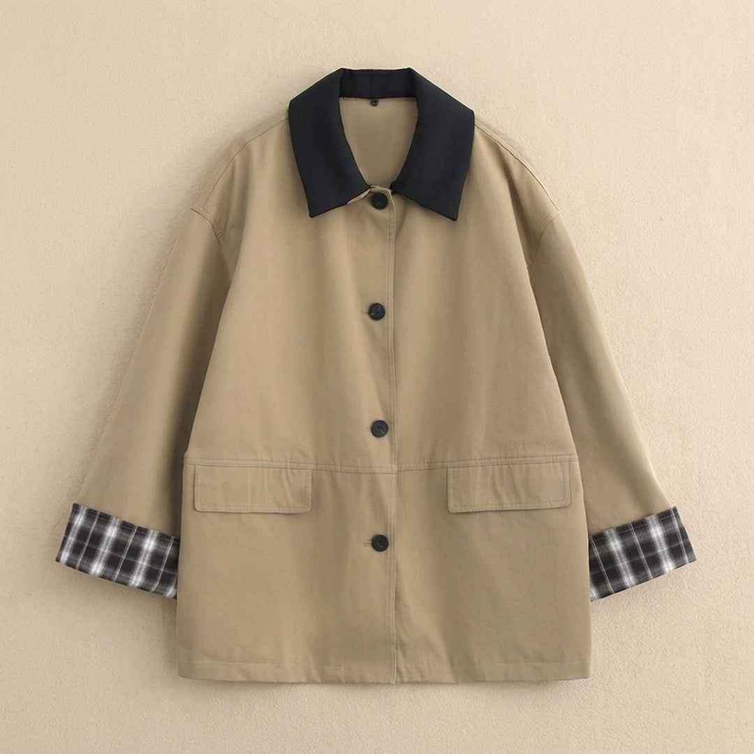 Women's Contrast Collar Plaid-Trim Relaxed Button-Up Jacket