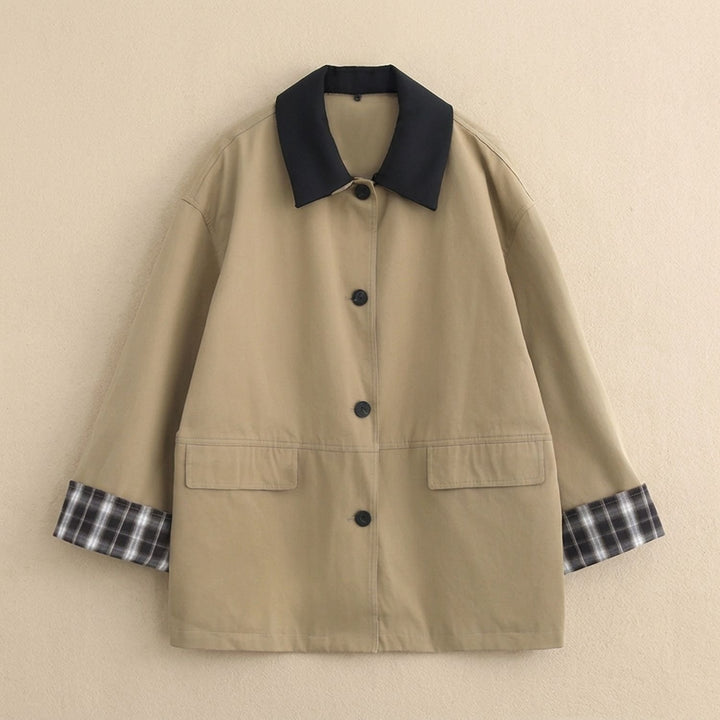 Women's Contrast Collar Plaid-Trim Relaxed Button-Up Jacket