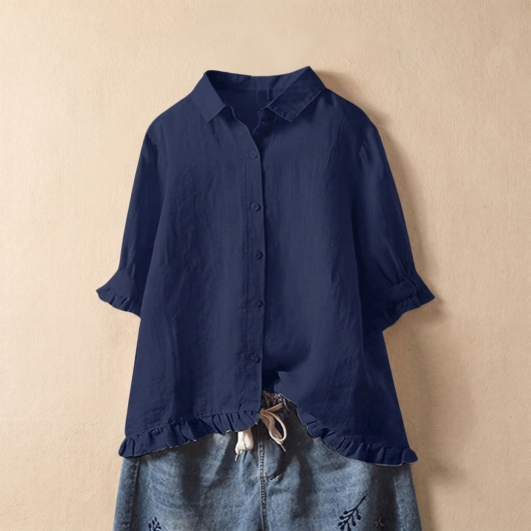 Women's Cotton Linen Ruffled-Hem Button-Down Blouse - Navy Blue