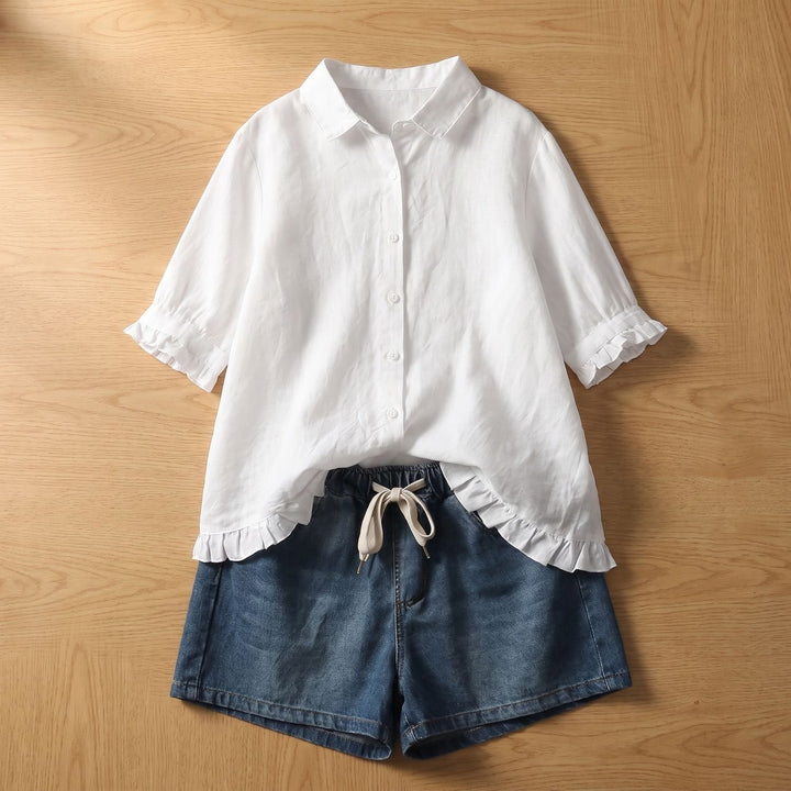 Women's Cotton Linen Ruffled-Hem Button-Down Blouse - White