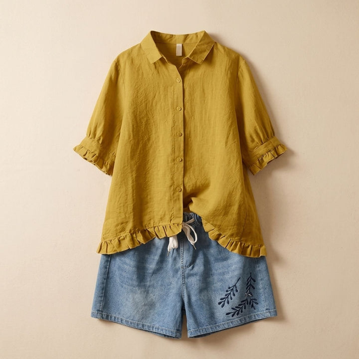 Women's Cotton Linen Ruffled-Hem Button-Down Blouse - Orange