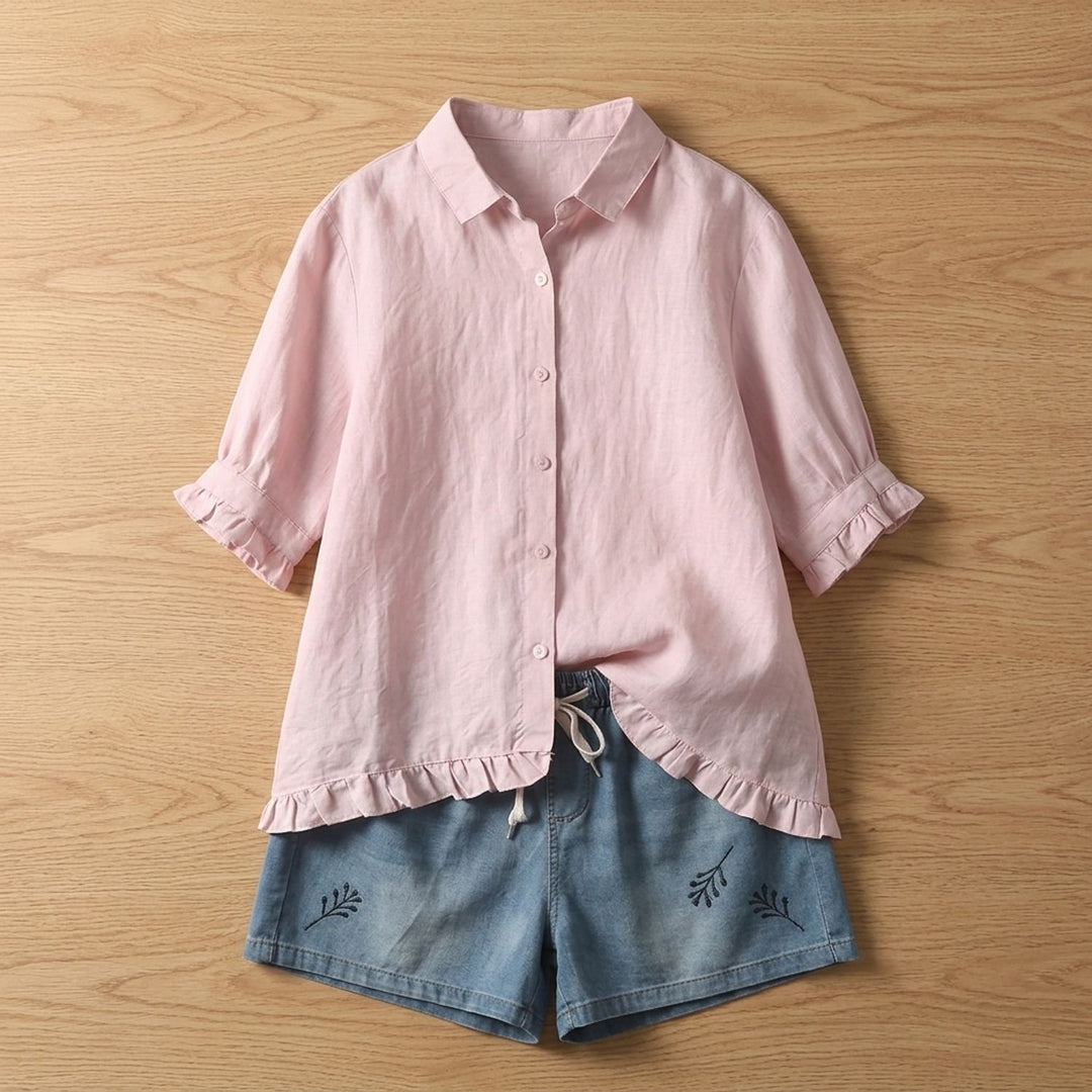 Women's Cotton Linen Ruffled-Hem Button-Down Blouse - Pink