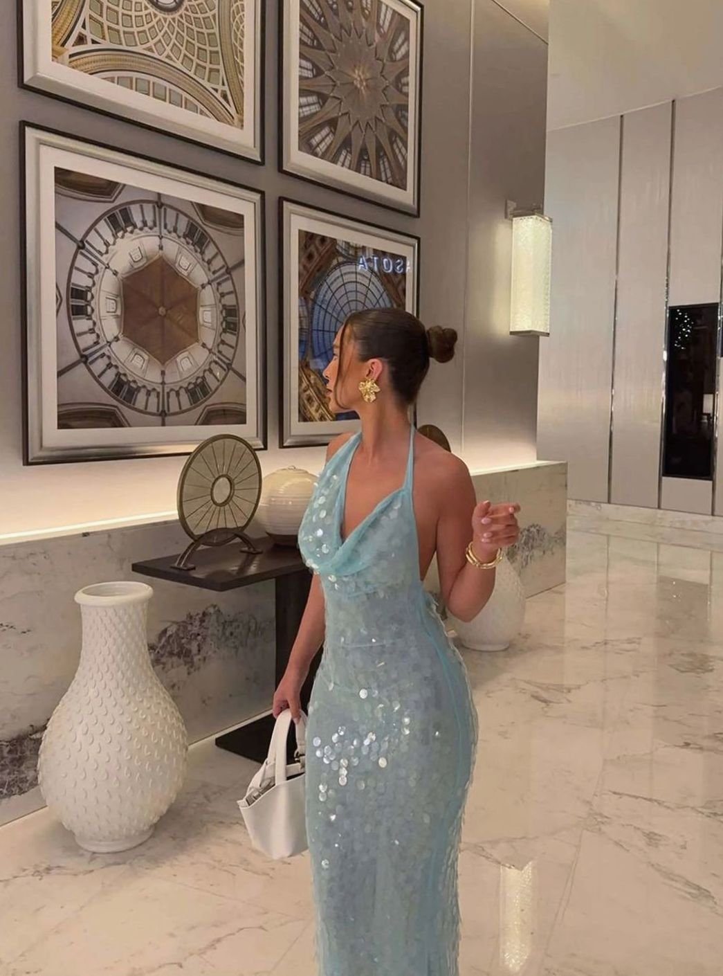 Women's Cowl-Neck Halter Sequin Maxi Dress