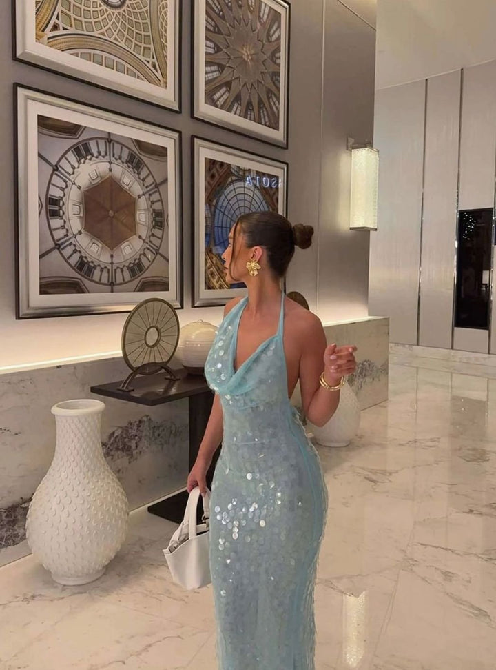 Women's Cowl-Neck Halter Sequin Maxi Dress