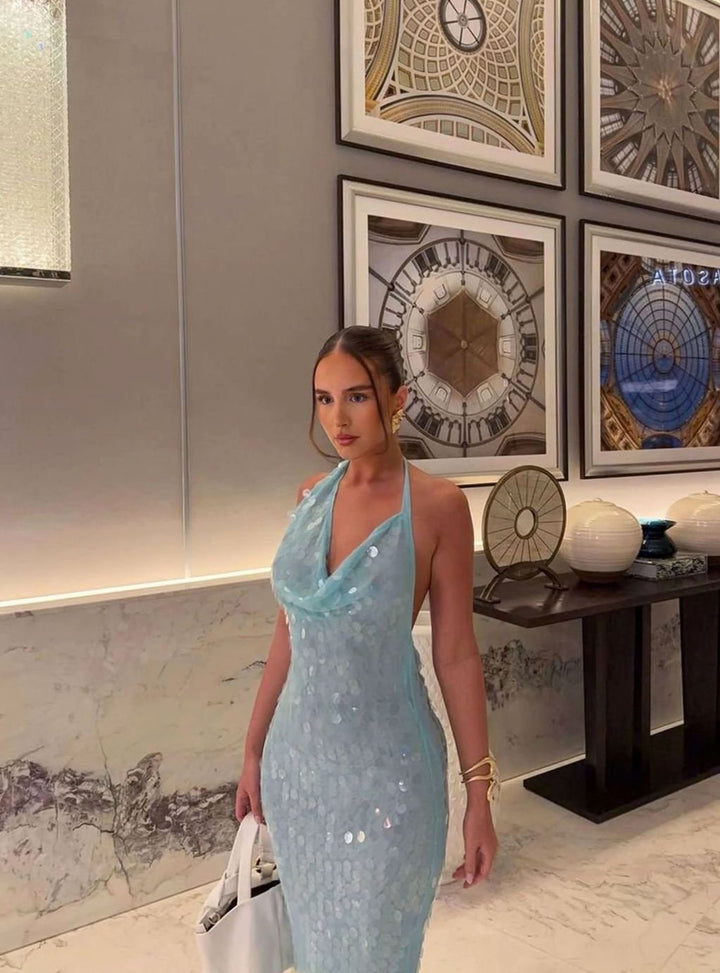 Women's Cowl-Neck Halter Sequin Maxi Dress