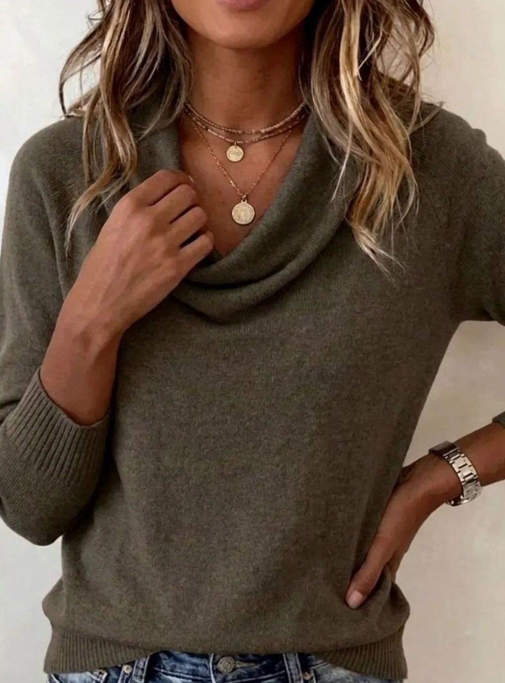 Women's Cowl Neck Long Sleeve Knit Pullover Sweater