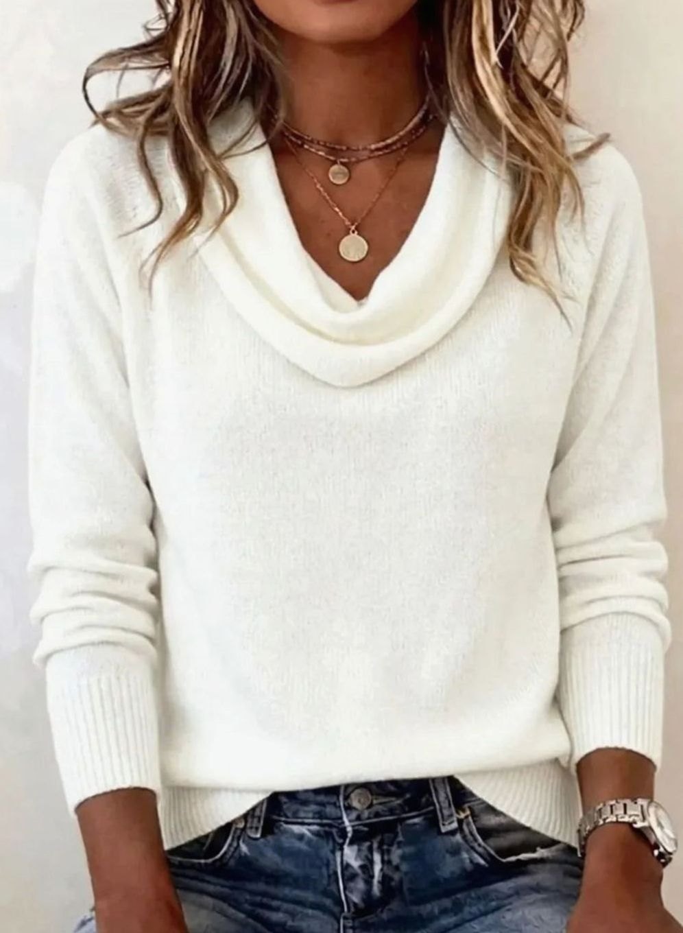 Women's Cowl Neck Long Sleeve Knit Pullover Sweater - White