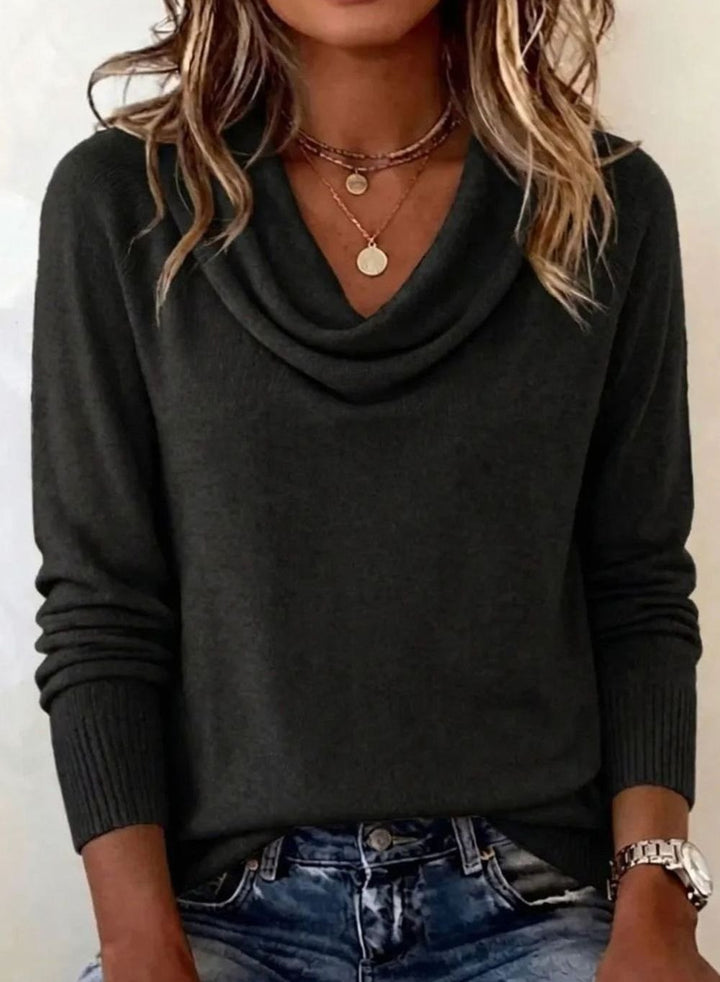 Women's Cowl Neck Long Sleeve Knit Pullover Sweater - Black