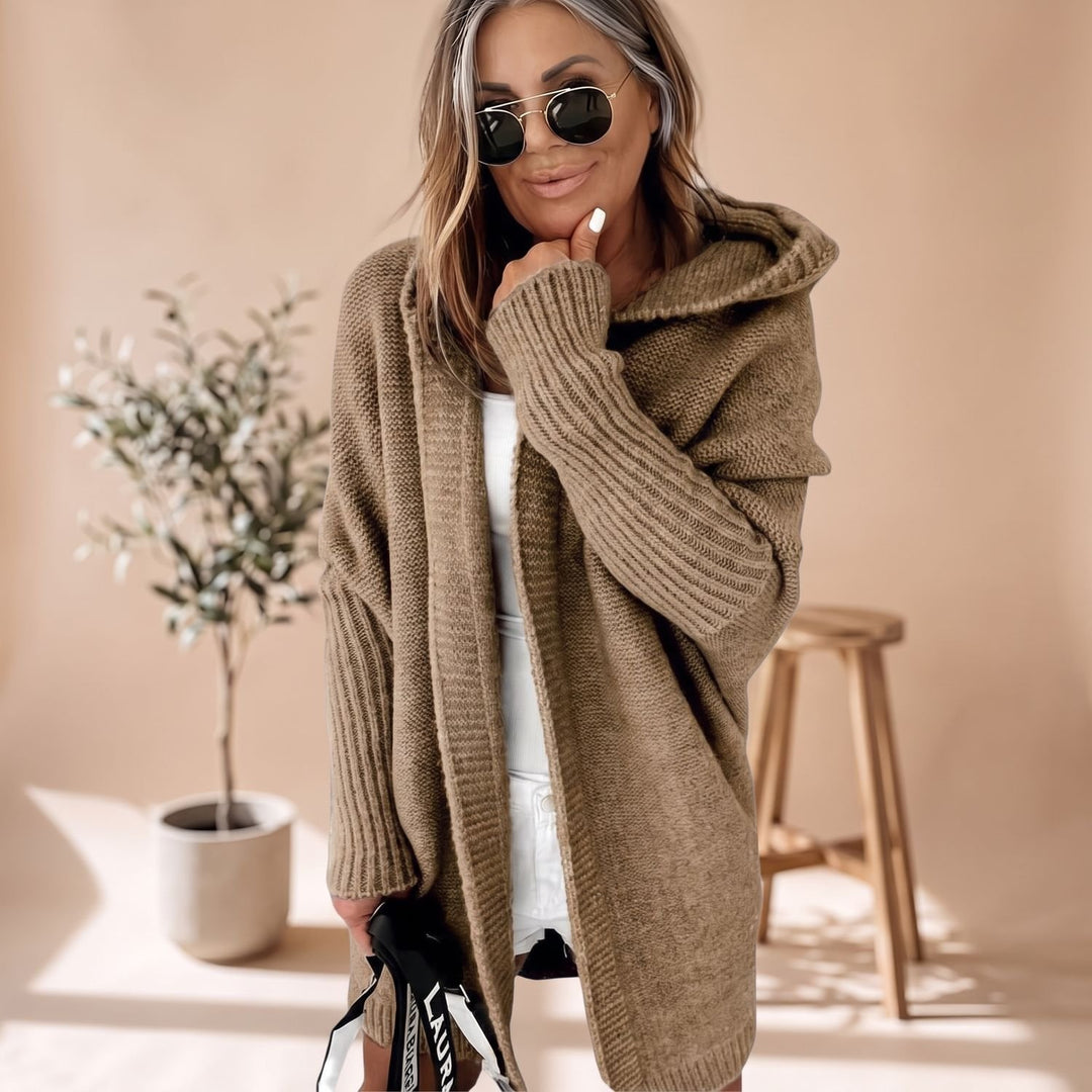 Women's Cozy Hooded Open-Front Knit Cardigan - Brown