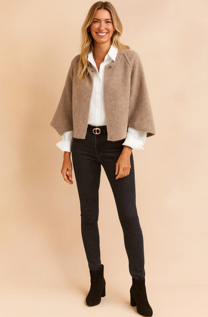 Women's Cropped Cape-Style Button-Front Jacket - Beige