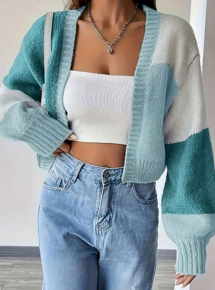 Women's Cropped Color Block Knit Cardigan Open Front Sweater - Light Green