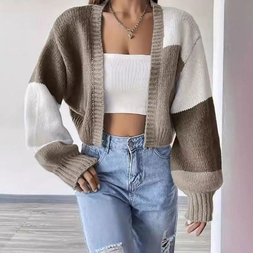 Women's Cropped Color Block Knit Cardigan Open Front Sweater - Khaki