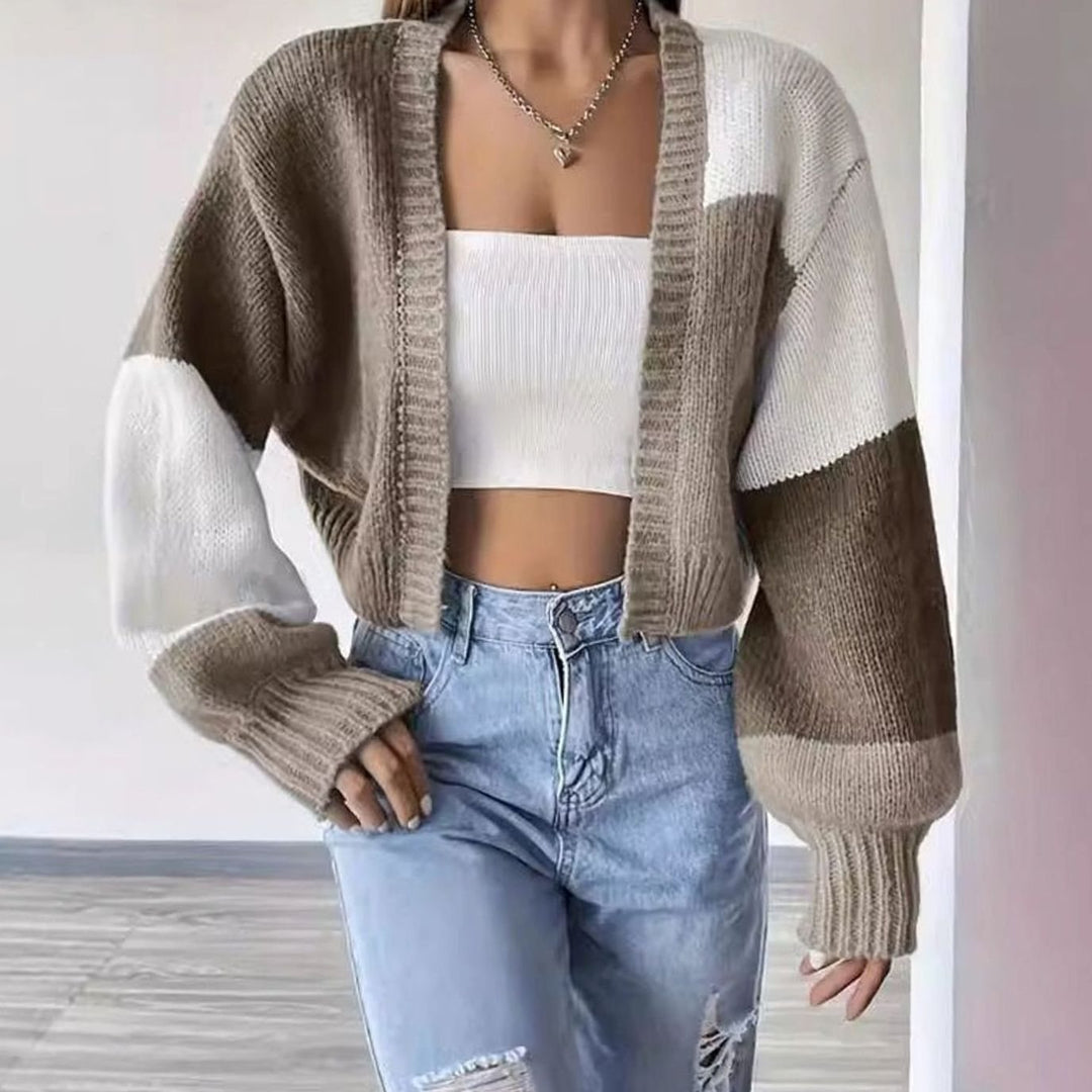 Women's Cropped Color Block Knit Cardigan Open Front Sweater - Khaki