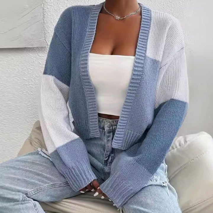 Women's Cropped Color Block Knit Cardigan Open Front Sweater - Sky Blue
