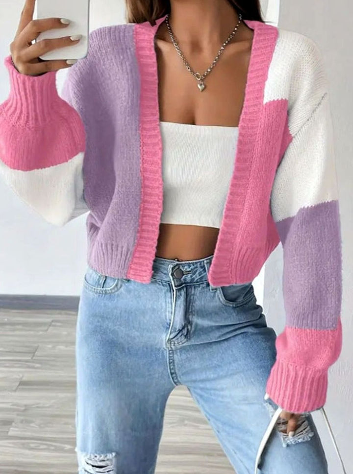 Women's Cropped Color Block Knit Cardigan Open Front Sweater - Pink