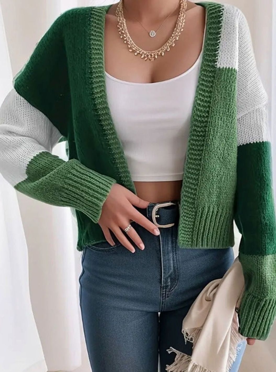 Women's Cropped Color Block Knit Cardigan Open Front Sweater - Green