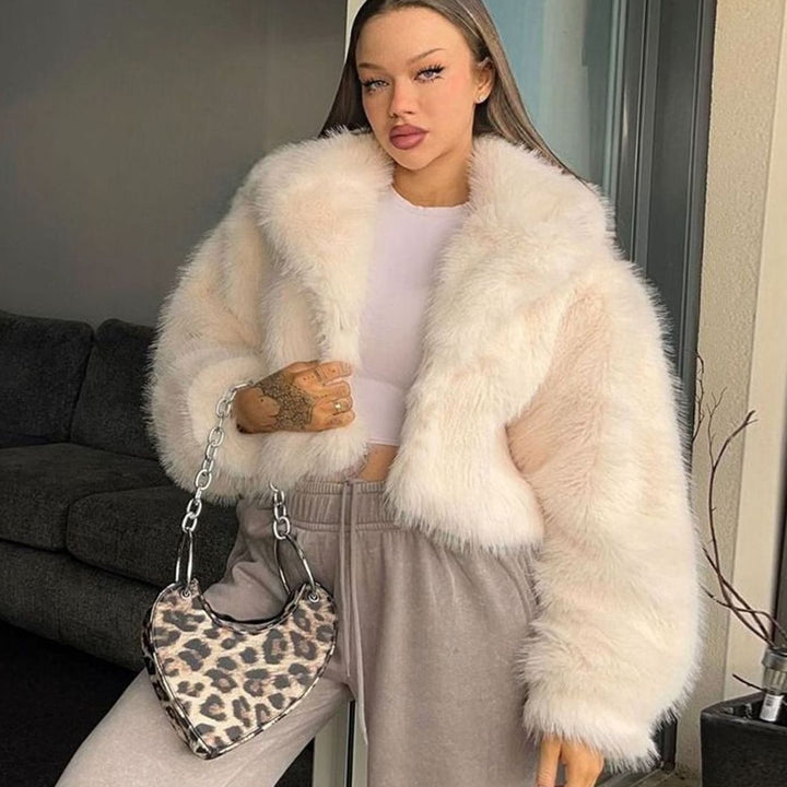 Women's Cropped Faux Fur Coat Open-Front Oversized Fluffy Jacket - Cream