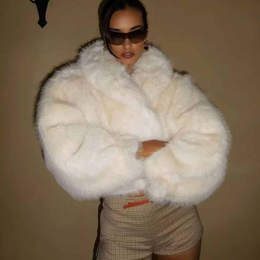 Women's Cropped Faux Fur Coat Open-Front Oversized Fluffy Jacket