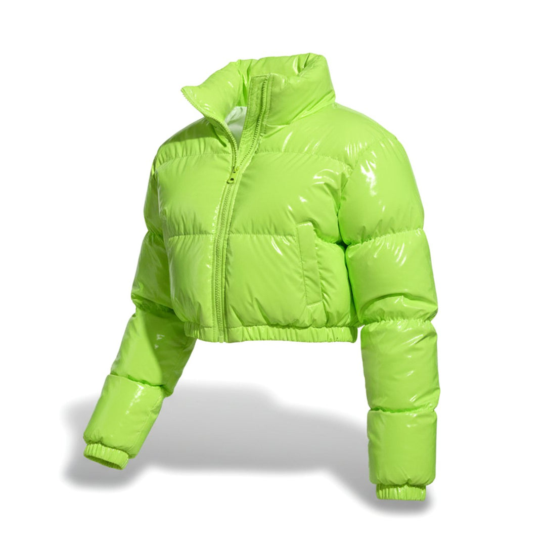 Women's Cropped Glossy Zip-Up Stylish Puffer Jacket - Neon Green