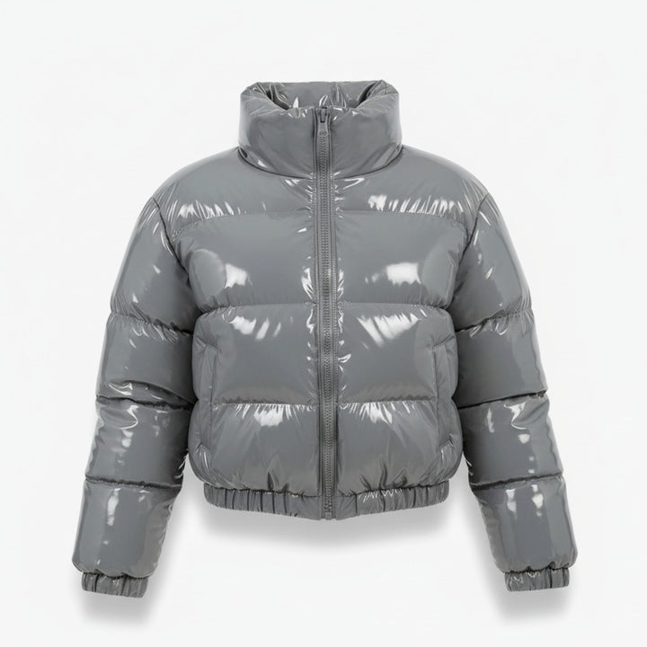 Women's Cropped Glossy Zip-Up Stylish Puffer Jacket - Grey