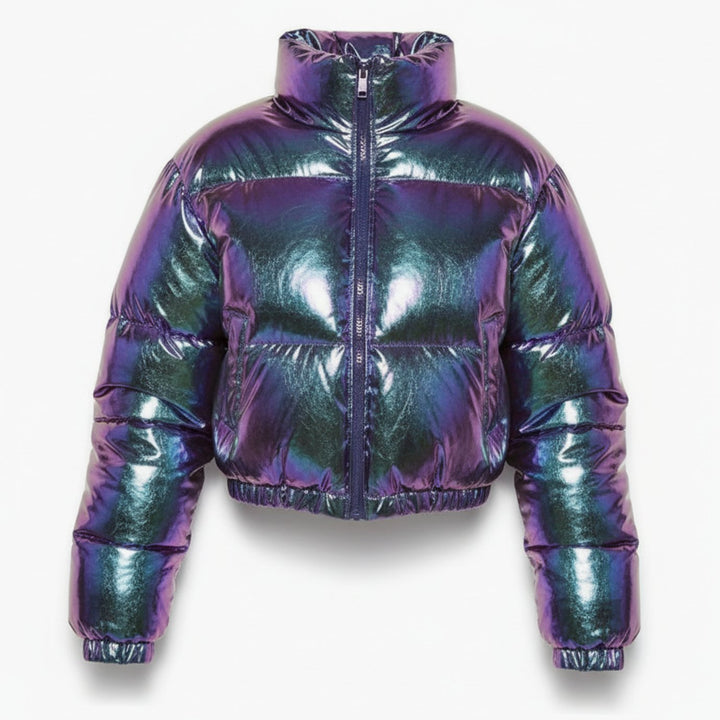Women's Cropped Glossy Zip-Up Stylish Puffer Jacket - Metallic