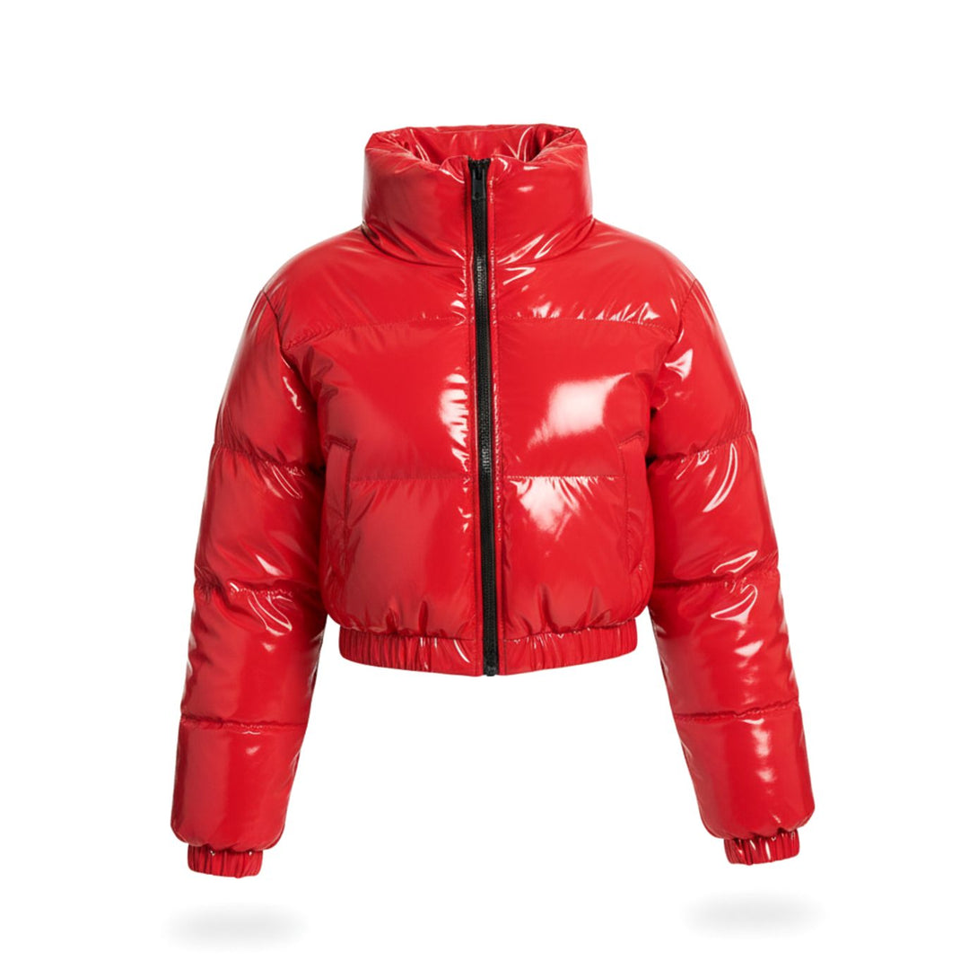 Women's Cropped Glossy Zip-Up Stylish Puffer Jacket - Red