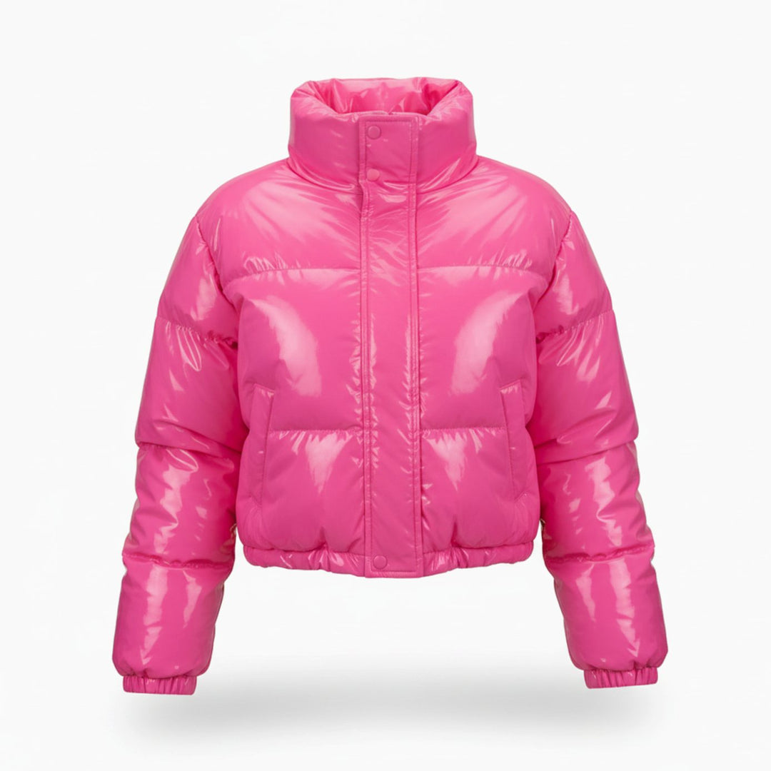 Women's Cropped Glossy Zip-Up Stylish Puffer Jacket - Pink